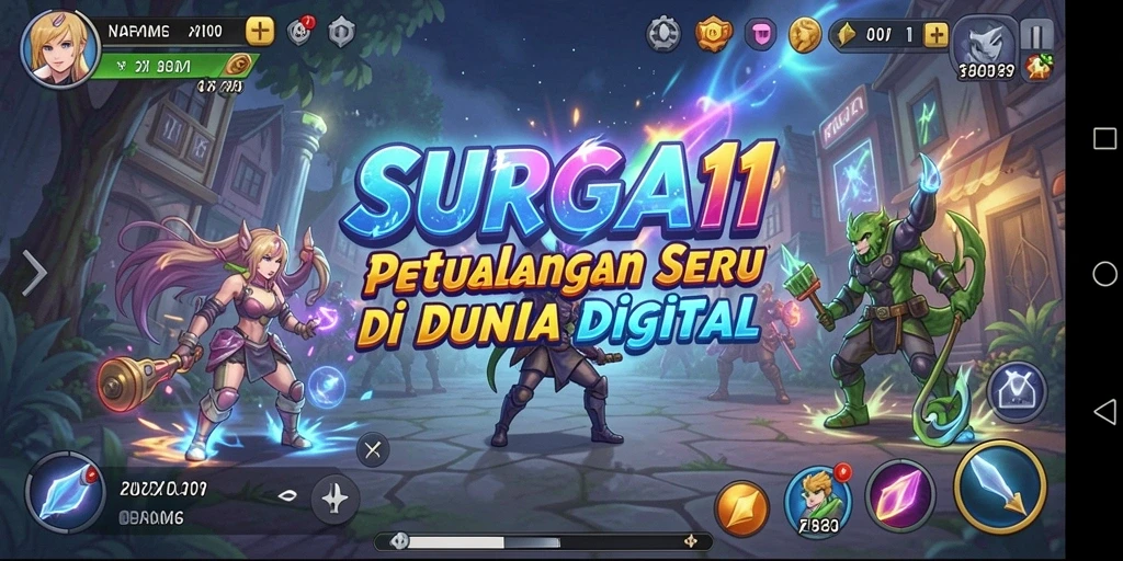 Tampilan gameplay <strong>SURGA11</strong> yang penuh warna dan karakter ikonis.